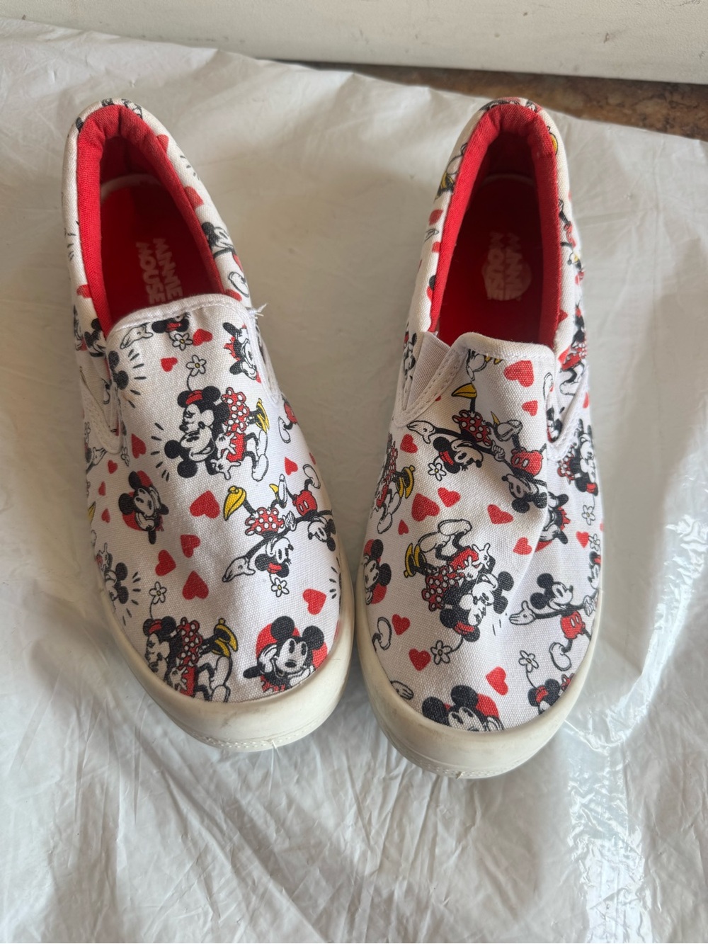 Disney Slip-On Sneakers - White with Red Accents and Black Character Print Size